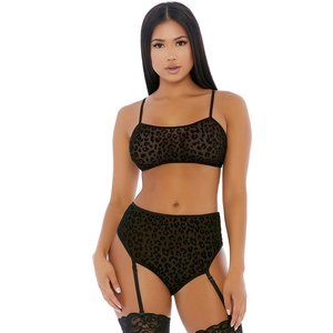 Cheetah Print Cami Bra Top and Garter Panty Set Black